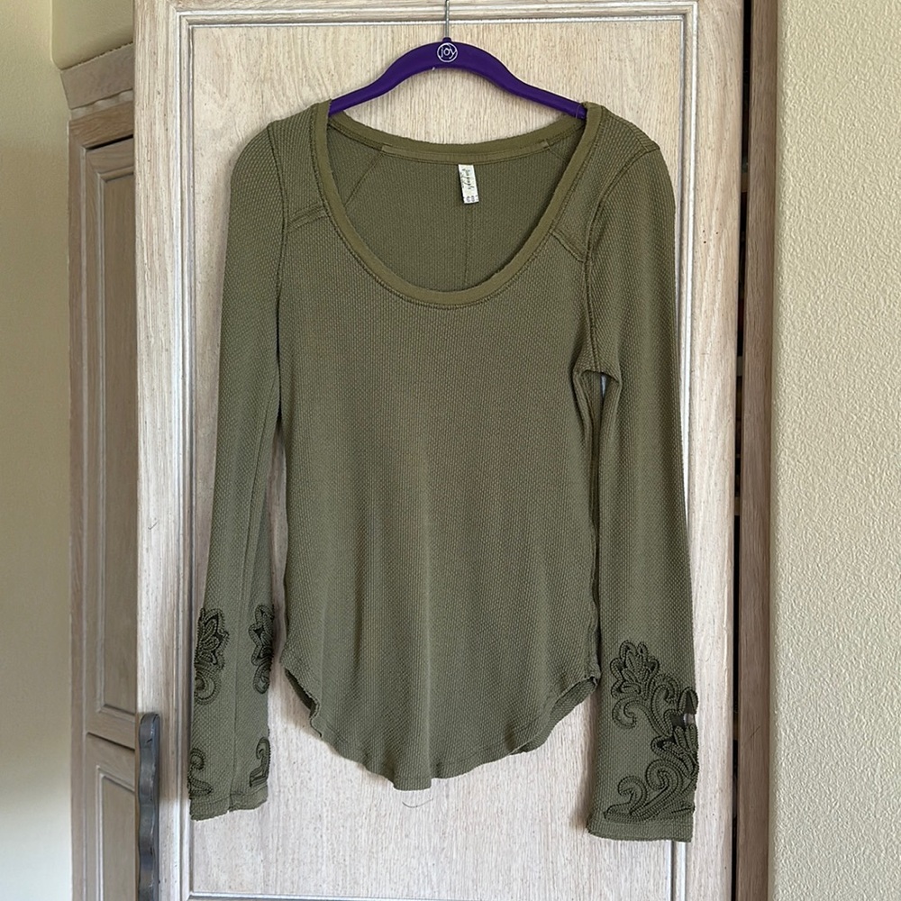 Free People Olive Green Long Sleeve Scoop Neck Top
